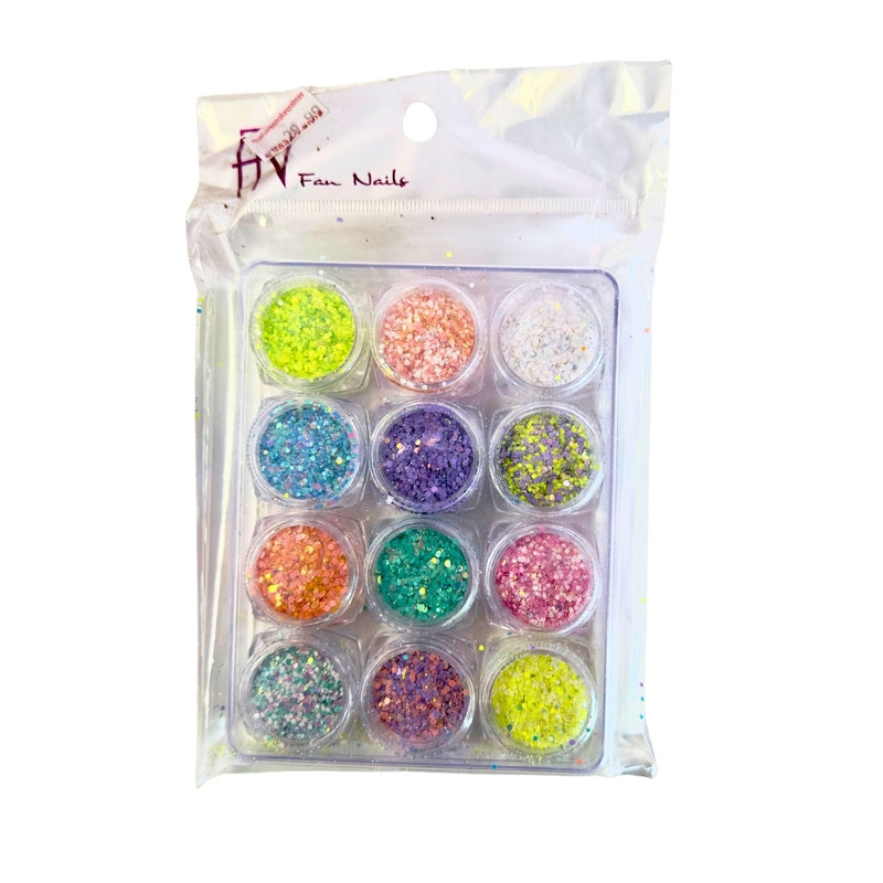 Kit 12 Potes Com Glitter Para Encapsulamento Decoração De Unhas Fan Nails